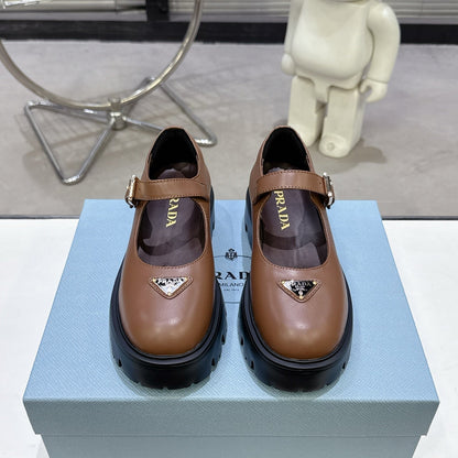 PRADA 25S PLATFORM MARY JANE SHOES IN BROWN CALFSKIN STYLE 1