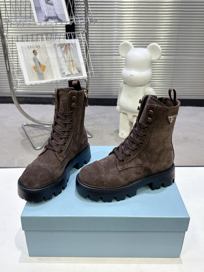 PRADA 25S WARRIOR BOOTS IN DARK BROWN SUEDE