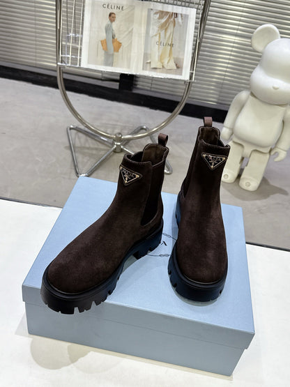 PRADA 25S RETRO PLATFORM MARTIN ANKLE BOOTS IN DARK BROWN SUEDE
