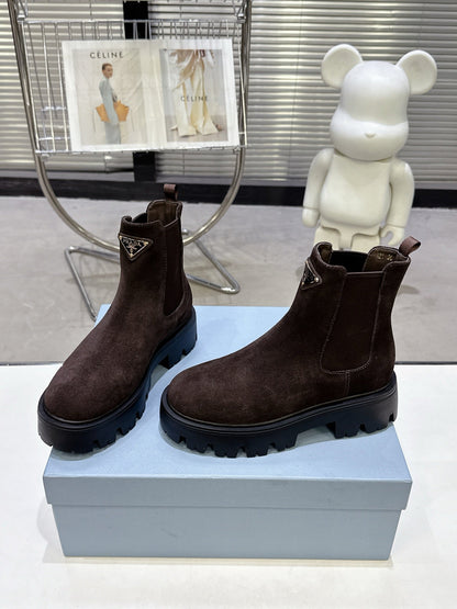 PRADA 25S RETRO PLATFORM MARTIN ANKLE BOOTS IN DARK BROWN SUEDE
