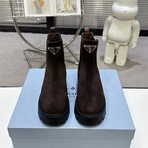 PRADA 25S RETRO PLATFORM MARTIN ANKLE BOOTS IN DARK BROWN SUEDE