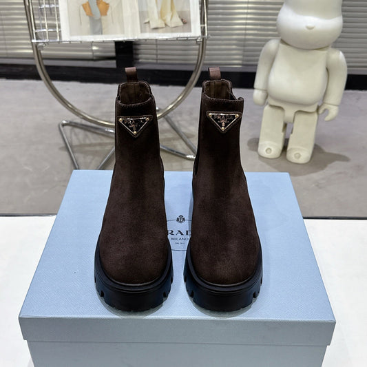 PRADA 25S RETRO PLATFORM MARTIN ANKLE BOOTS IN DARK BROWN SUEDE