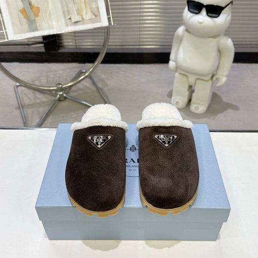 PRADA 25S FUR-LINED MULES IN DARK BROWN SUEDE