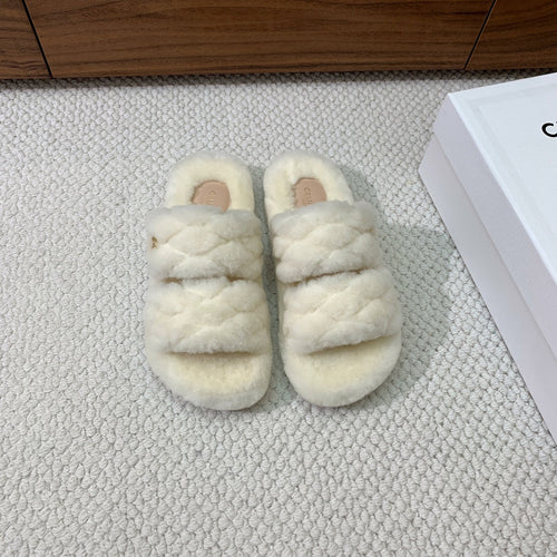 CELINE 26S TWO-STRAP QUILTED SANDALS IN WHITE WOOL