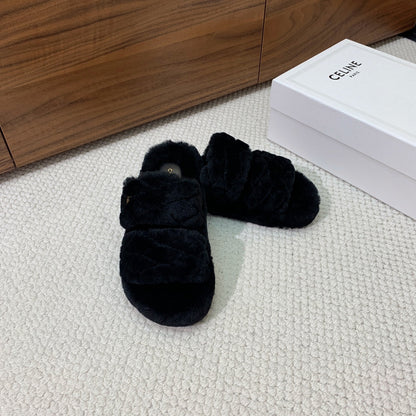 CELINE 26S TWO-STRAP QUILTED SANDALS IN BLACK WOOL