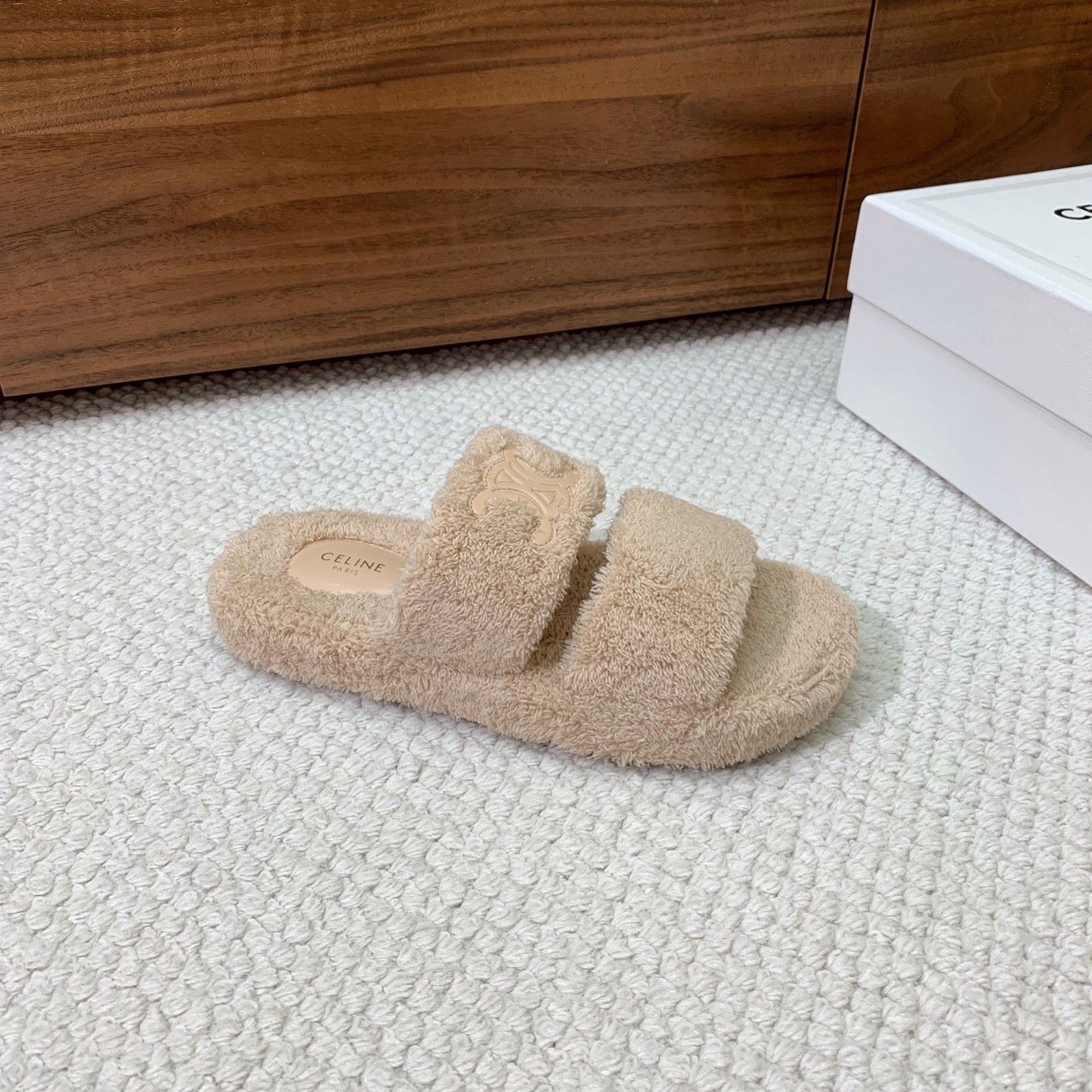 CELINE 26S TWO-STRAP SANDALS IN BEIGE WOOL