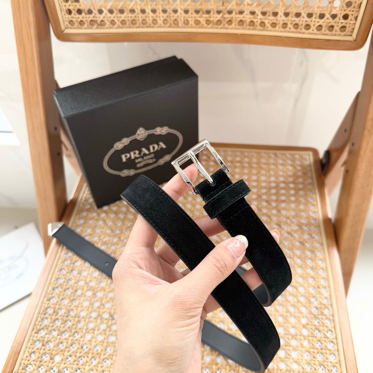 PRADA 25S BELT 25 MM IN BLACK SUEDE 542640