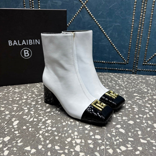 BALMAIN 26S BOOTS 65 MM IN WHITE AND BLACK CALFSKIN