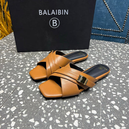 BALMAIN 26S CROSS-STRAP SLIDES IN BROWN CALFSKIN