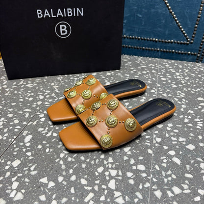 BALMAIN 26S SLIPPERS IN BROWN CALFSKIN WITH GOLD HARDWARE