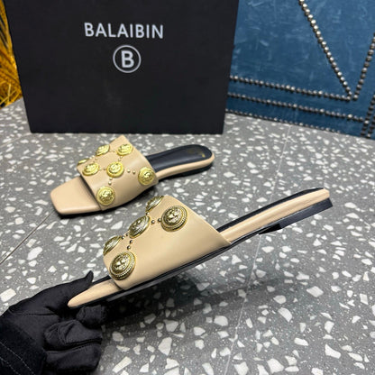 BALMAIN 26S SLIPPERS IN BEIGE CALFSKIN WITH GOLD HARDWARE