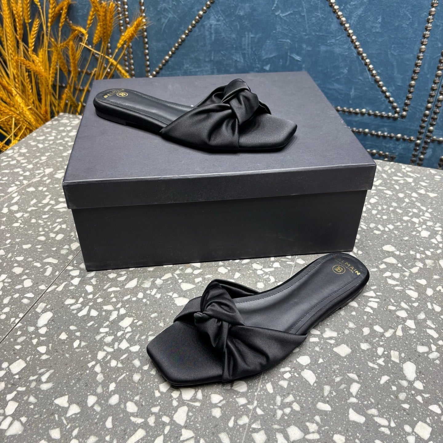 BALMAIN 26S SLIDES IN BLACK SATIN