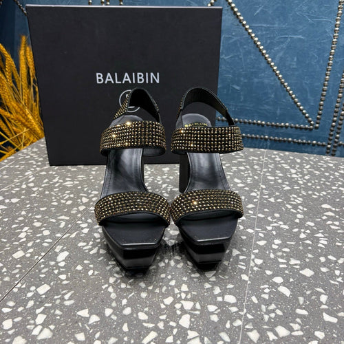 BALMAIN 26S HIGH-HEELED SANDALS 105 MM IN BLACK CALFSKIN WITH GOLD STONE EMBELLISHED