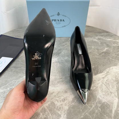 PRADA 25S METAL-CAPPED POINTED-TOE HIGH HEELS IN BLACK CALFSKIN