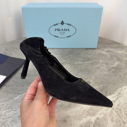 PRADA 25S HIGH HEELS 75 MM IN BLACK SUEDE