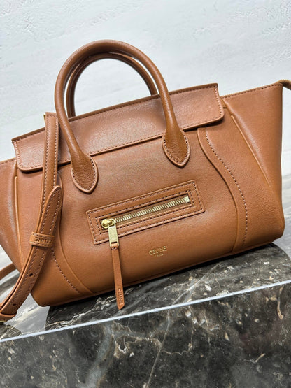 CELINE 25S NEW LUGGAGE 38MM IN TAN BROWN LAMBSKIN GOLD HARDWARE