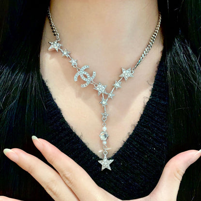 CHANEL 26S DOUBLE C LOGO STAR & PEARL DROP CHAIN NECKLACE IN SILVER METAL 629971