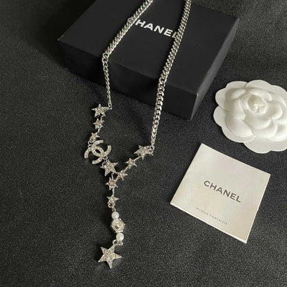 CHANEL 26S DOUBLE C LOGO STAR & PEARL DROP CHAIN NECKLACE IN SILVER METAL 629971