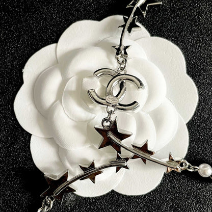 CHANEL 26S DOUBLE C LOGO STAR & PEARL DROP CHAIN NECKLACE IN SILVER METAL 629971