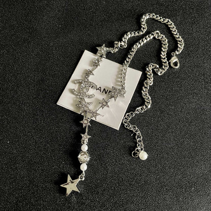 CHANEL 26S DOUBLE C LOGO STAR & PEARL DROP CHAIN NECKLACE IN SILVER METAL 629971