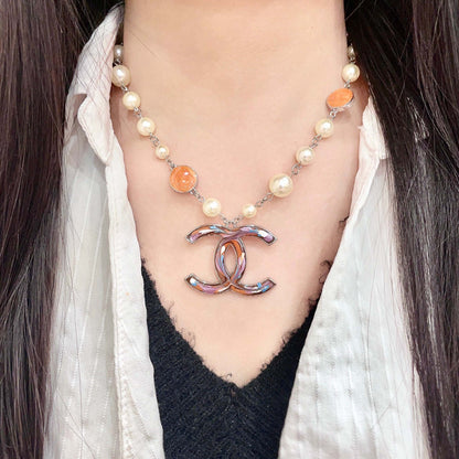 CHANEL 26S CC MARBLE PEARL CHAIN NECKLACE IN SILVER METAL 630056