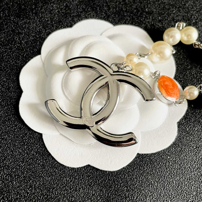 CHANEL 26S CC MARBLE PEARL CHAIN NECKLACE IN SILVER METAL 630056