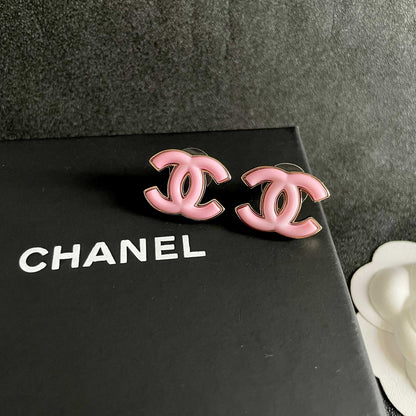 CHANEL 26S DOUBLE C LOGO PINK ENAMEL STUD EARRINGS IN GOLD METAL 630066