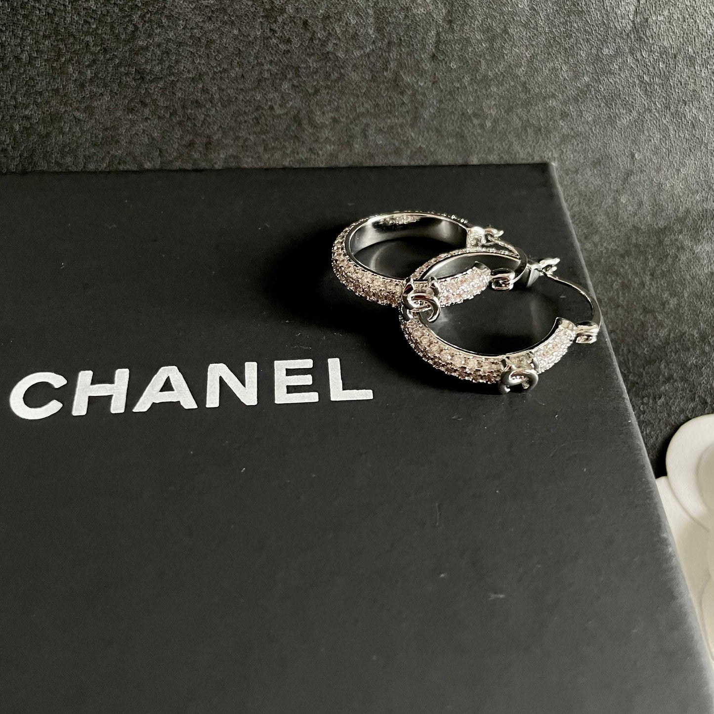 CHANEL 26S DOUBLE C LOGO FULL PAVE CRYSTAL HOOP EARRINGS IN SILVER METAL 630069