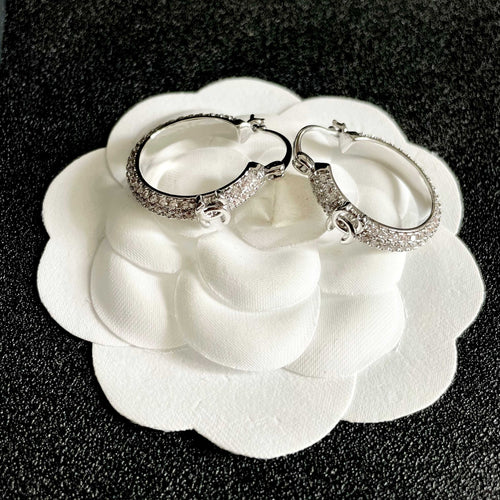 CHANEL 26S DOUBLE C LOGO FULL PAVE CRYSTAL HOOP EARRINGS IN SILVER METAL 630069