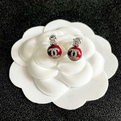 CHANEL 26S DOUBLE C LOGO RED ENAMEL CRYSTAL DROP STUD EARRINGS IN SILVER METAL 630074