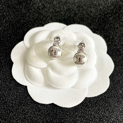 CHANEL 26S DOUBLE C ICON CRYSTAL STUD EARRINGS WITH PAVE LOGO DISC IN SILVER METAL 630076