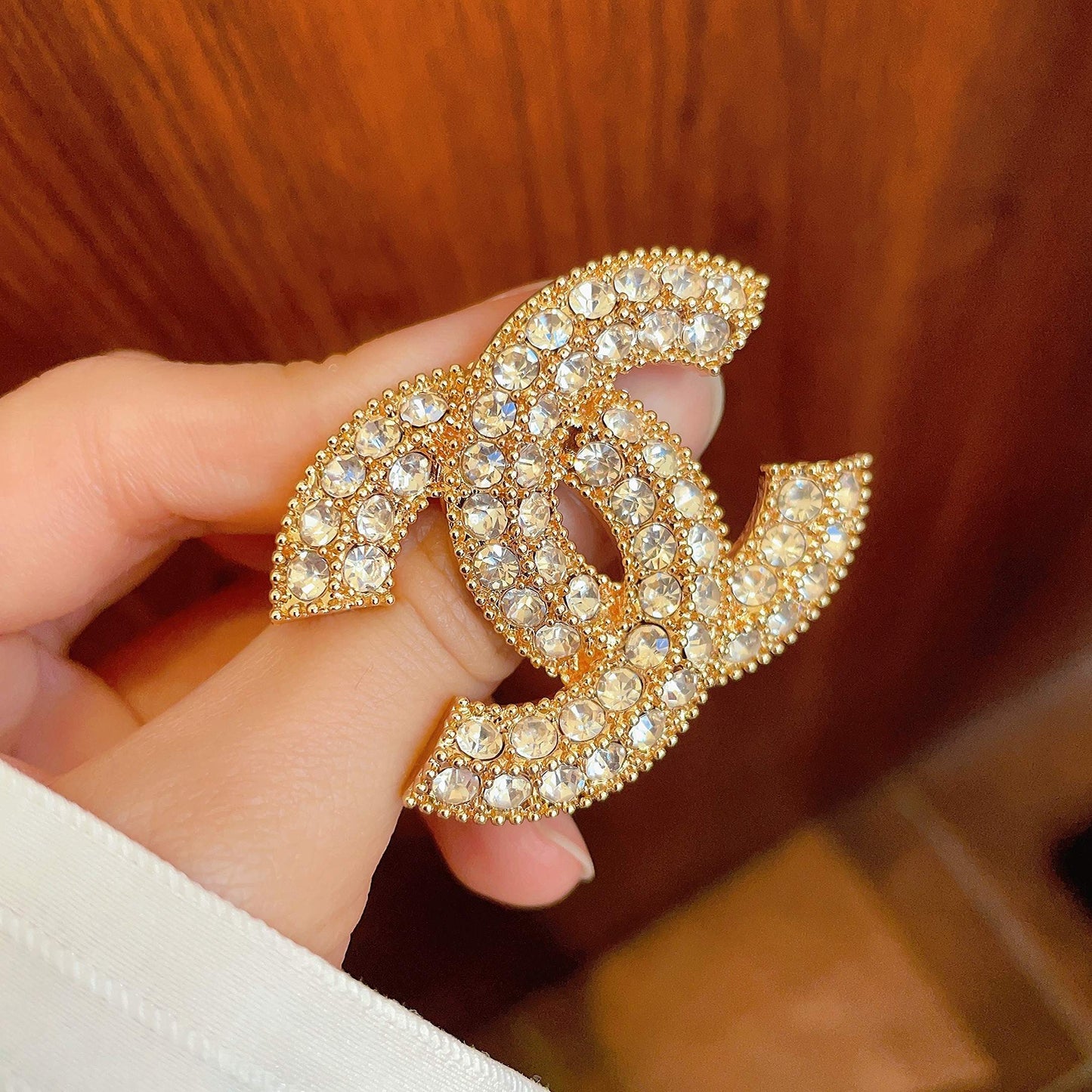 CHANEL 26S DOUBLE C LOGO FULL PAVE CRYSTAL BROOCH IN GOLD METAL 630079