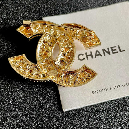 CHANEL 26S DOUBLE C LOGO FULL PAVE CRYSTAL BROOCH IN GOLD METAL 630079