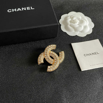 CHANEL 26S DOUBLE C LOGO FULL PAVE CRYSTAL BROOCH IN GOLD METAL 630079