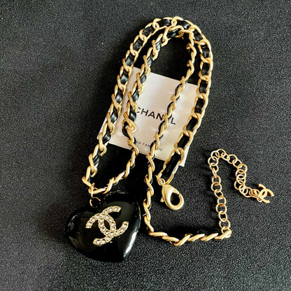 CHANEL 26S DOUBLE C LOGO BLACK HEART PENDANT CHAIN NECKLACE IN GOLD METAL 629886