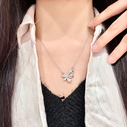 CHANEL 26S DOUBLE C LOGO CRYSTAL BOW & STAR PENDANT NECKLACE IN SILVER METAL 631019