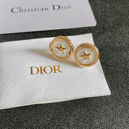CD 26S STAR MEDALLION LOGO STUD EARRINGS IN WHITE ENAMEL & GOLD TONE METAL 631812