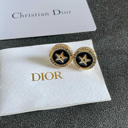 CD 26S STAR MEDALLION LOGO STUD EARRINGS IN BLACK ENAMEL & GOLD TONE METAL 631813