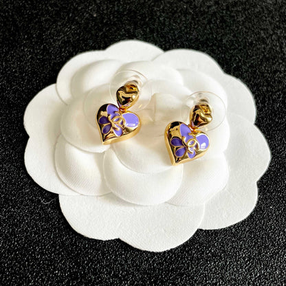 CHANEL 26S DOUBLE C HEART DROP EARRINGS WITH PURPLE ENAMEL FLORAL DETAIL IN GOLD METAL 631911