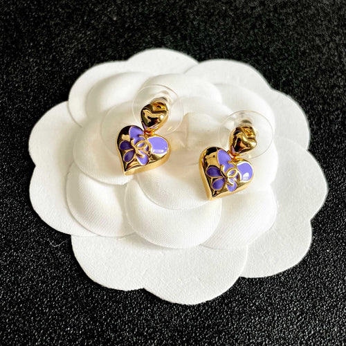CHANEL 26S DOUBLE C HEART DROP EARRINGS WITH PURPLE ENAMEL FLORAL DETAIL IN GOLD METAL 631911