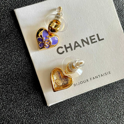 CHANEL 26S DOUBLE C HEART DROP EARRINGS WITH PURPLE ENAMEL FLORAL DETAIL IN GOLD METAL 631911