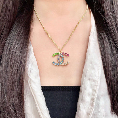 CHANEL 26S DOUBLE C LOGO MULTICOLOR CRYSTAL STATEMENT PENDANT NECKLACE IN GOLD METAL 633295