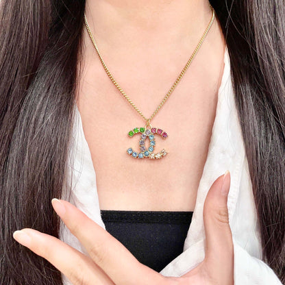 CHANEL 26S DOUBLE C LOGO MULTICOLOR CRYSTAL STATEMENT PENDANT NECKLACE IN GOLD METAL 633295