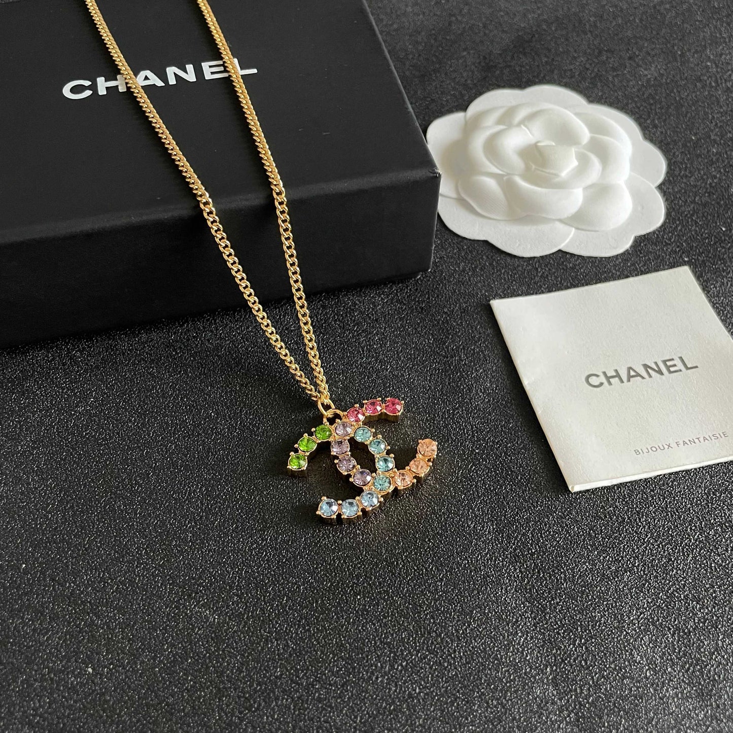 CHANEL 26S DOUBLE C LOGO MULTICOLOR CRYSTAL STATEMENT PENDANT NECKLACE IN GOLD METAL 633295