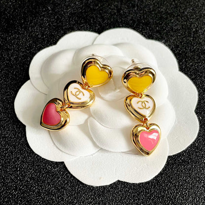 CHANEL 26S DOUBLE C LOGO MULTICOLOR HEART TRIPLE DROP EARRINGS IN GOLD METAL 633300