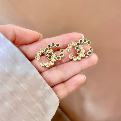 CHANEL 26S DOUBLE C LOGO GREEN & CLEAR CRYSTAL BEADED STUD EARRINGS IN GOLD METAL 633160