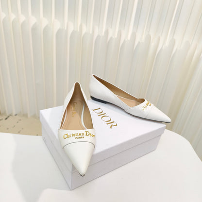 DIOR POINTED BALLET FLATS 25S IN WHITE CALFSKIN WITH GOLD HARDWARE