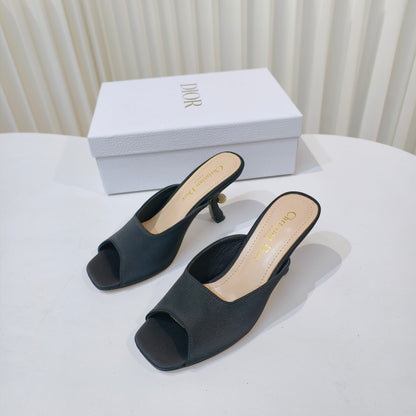 DIOR EMBELLISHED HIGH HEEL SLIDES 25S IN BLACK SATIN