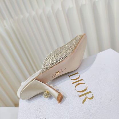 DIOR EMBELLISHED HIGH HEEL SLIDES 25S IN LIGHT BEIGE SATIN AND CALFSKIN