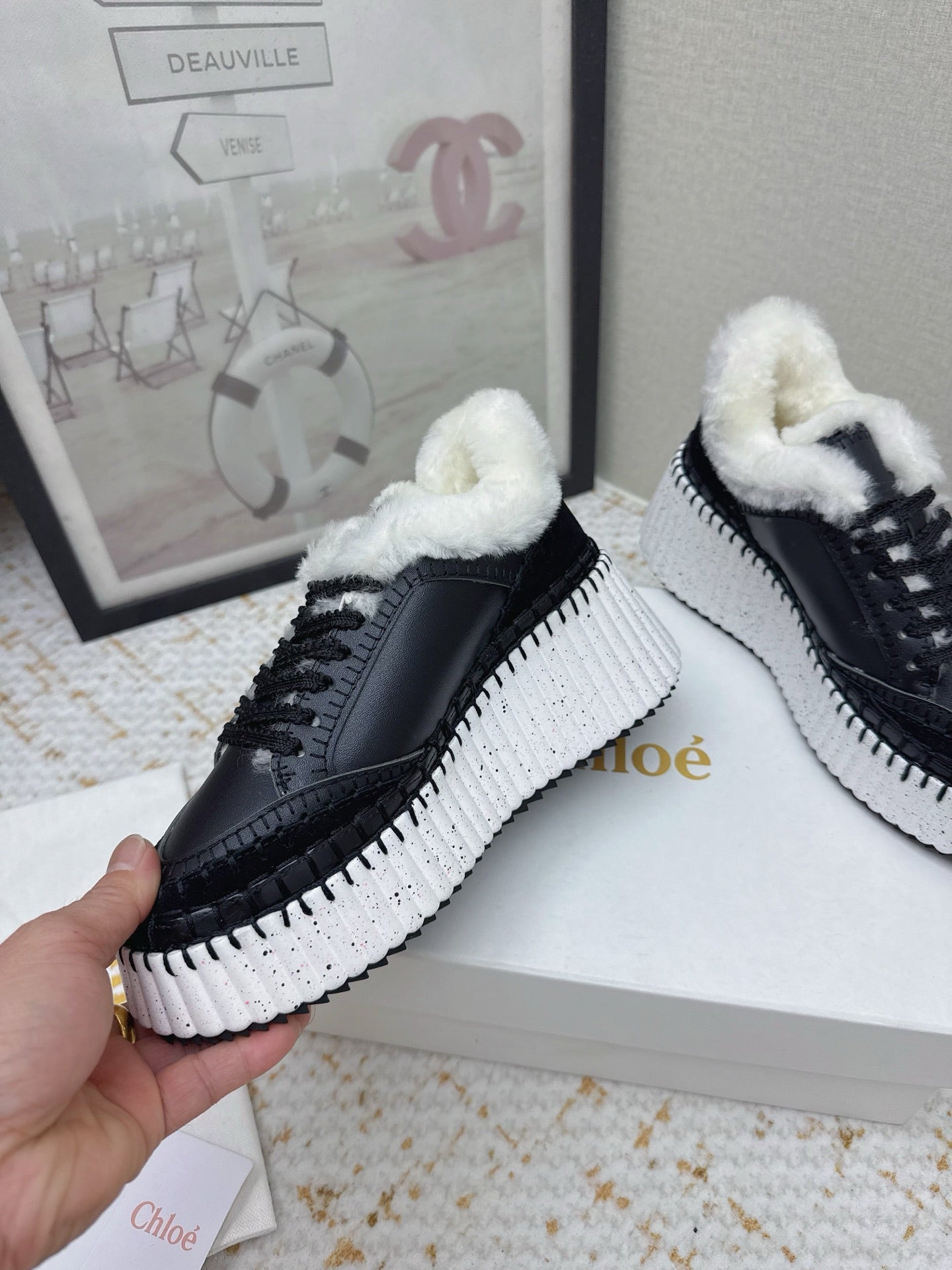 CHLOÉ 26S WEDGE SOLE SNEAKERS IN BLACK CALFSKIN